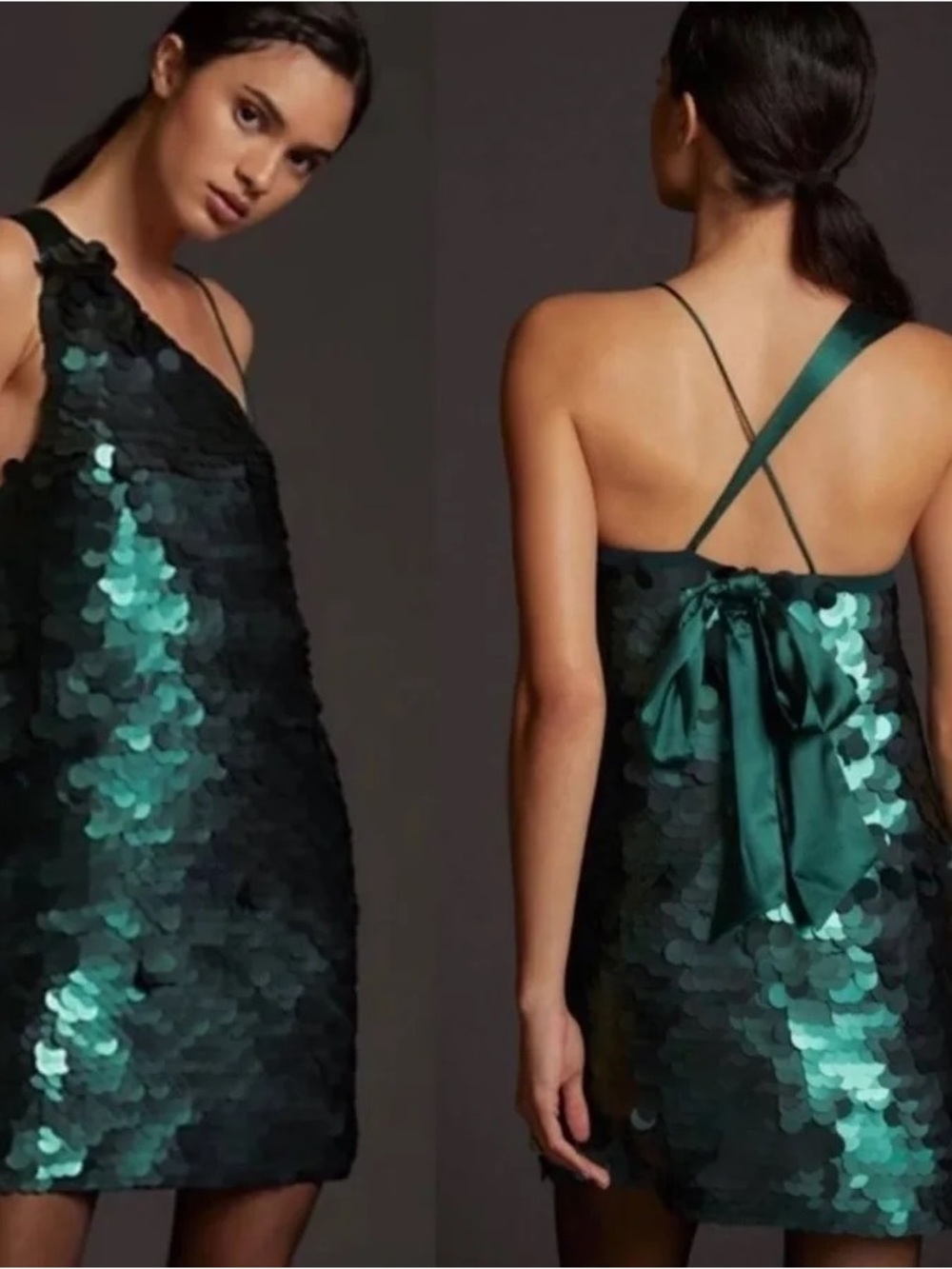 Anthropologie Emerald Green One-Shoulder Sequin Mini Dress